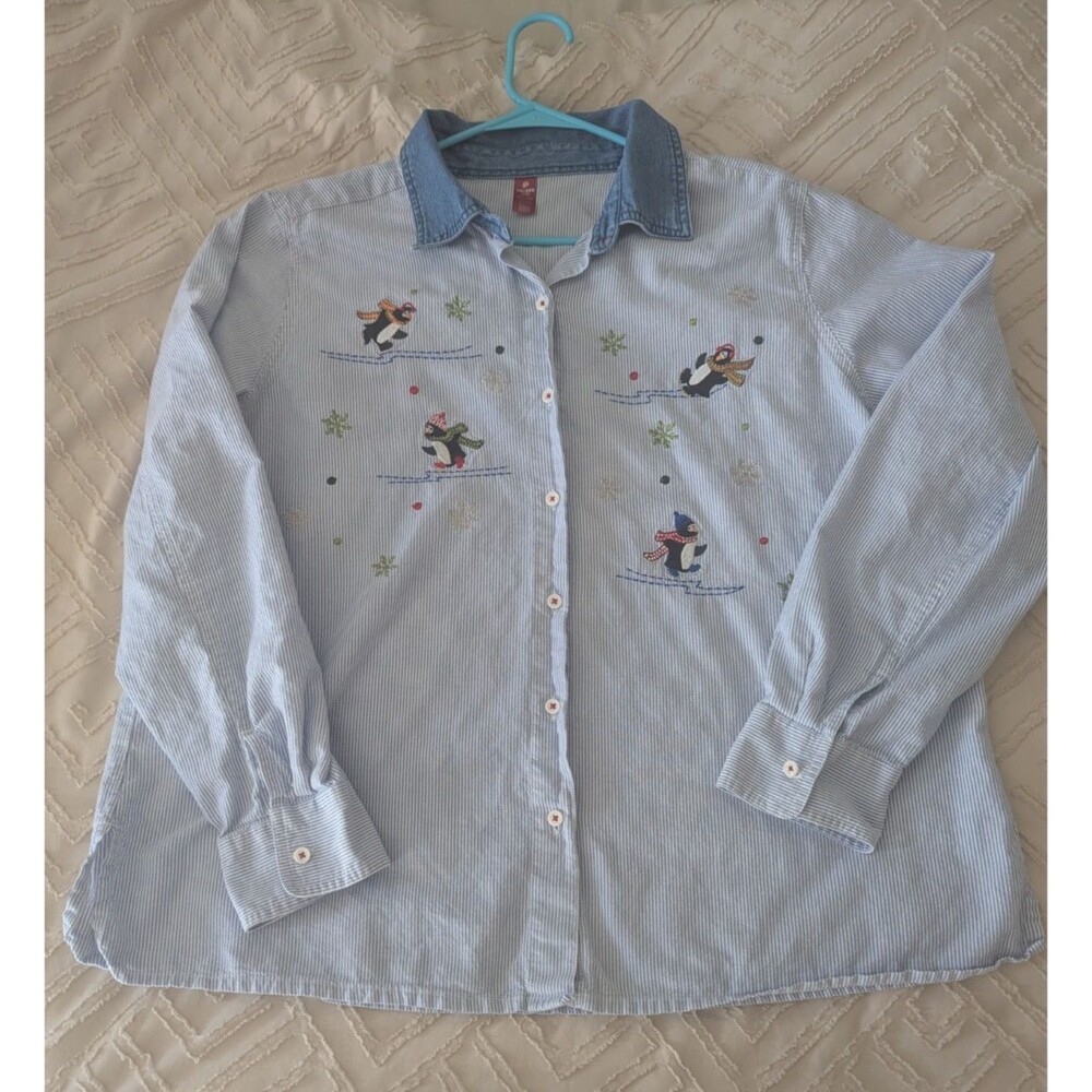 Winter Penguins Embroidered Button Front Shirt Sz XXL 2X Blue White Stripe 100%